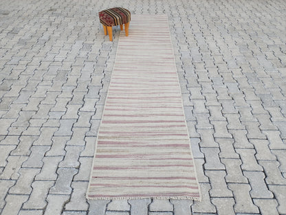 Soft Neutral Turkish Kilim Runner Rug: 2.7x11 Handwoven Wool