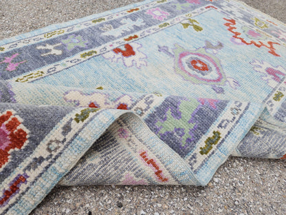 Handwoven 3x6 Oushak Wool Rug: Soft Blue Floral Medallion, Rustic Home Decor
