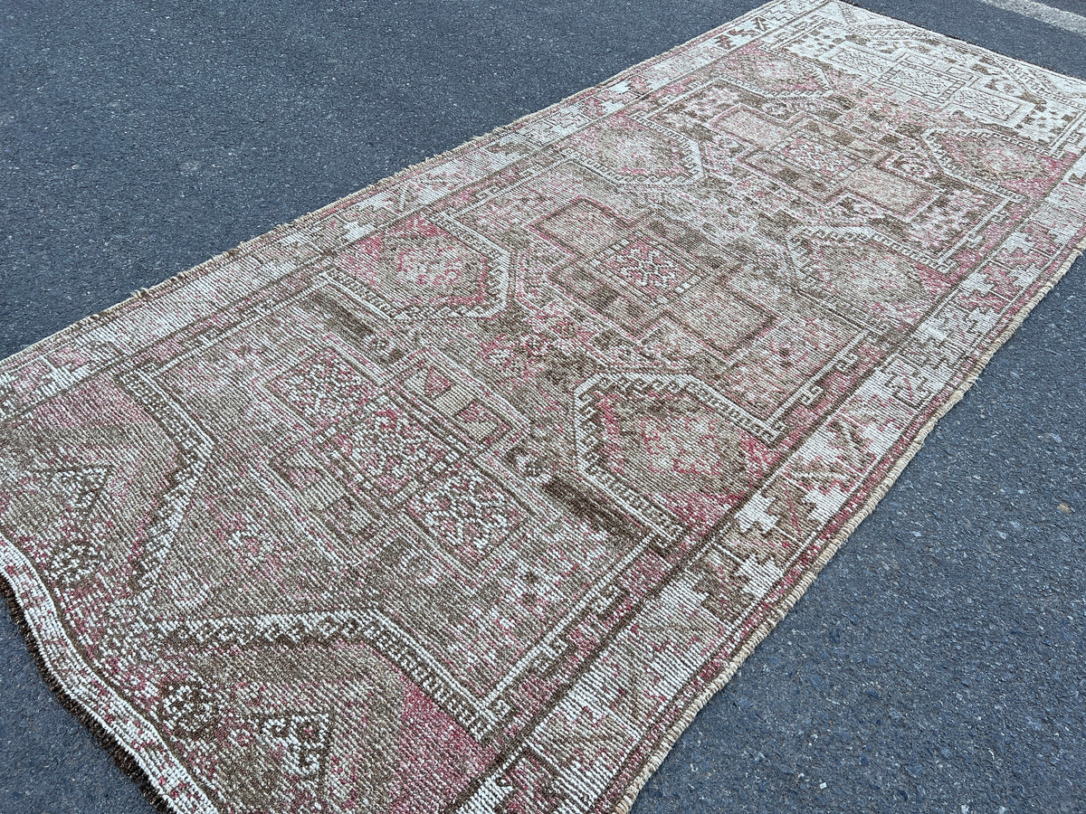 Handwoven Wool Turkish Rug 4x10: Neutral Bohemian Entry Rug