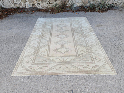 Wool Beige Area Rug 7x9, Turkish Hand Made Carpet, Home Living Room Decor
