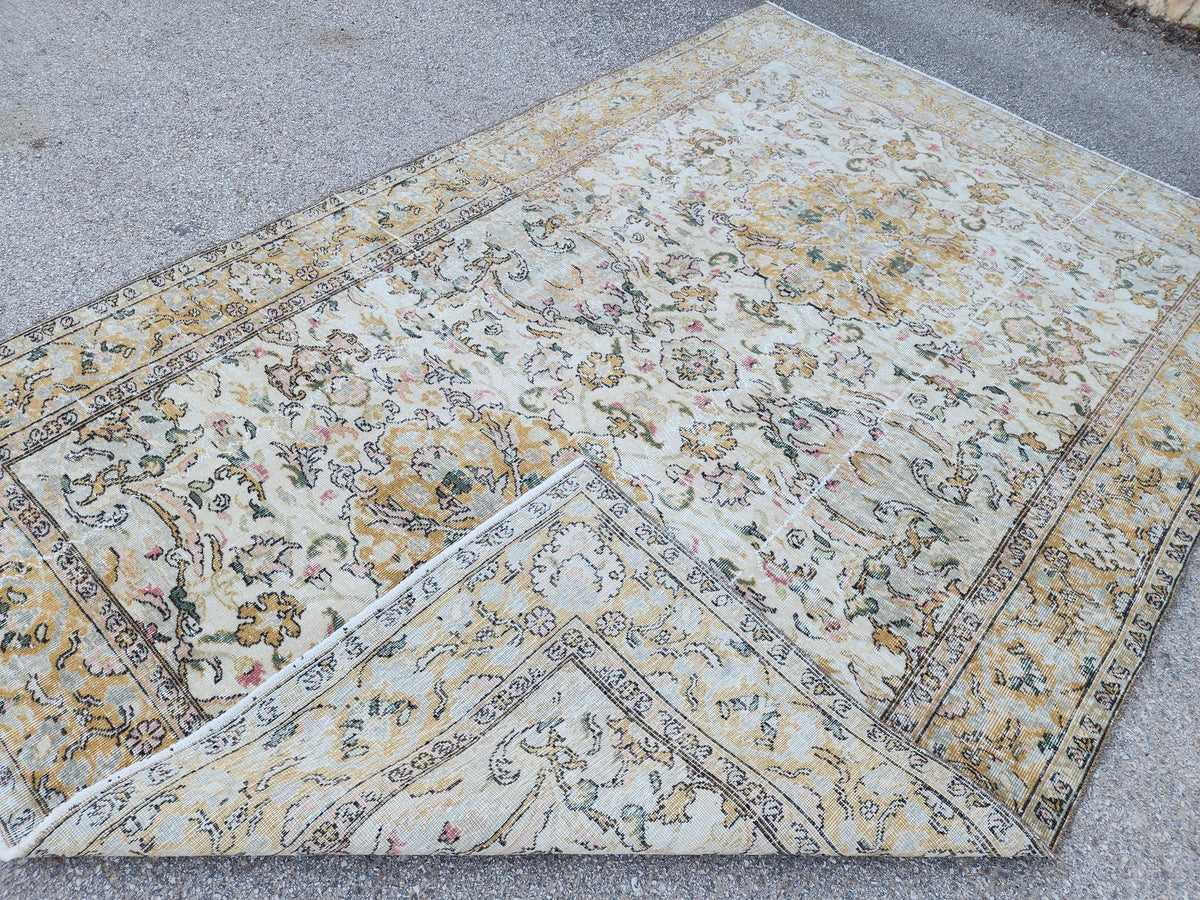 6x9 Oushak Rug: Handwoven Turkish Wool Rug, Neutral Floral Design