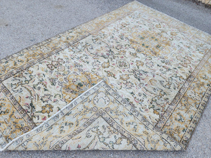 6x9 Oushak Rug: Handwoven Turkish Wool Rug, Neutral Floral Design