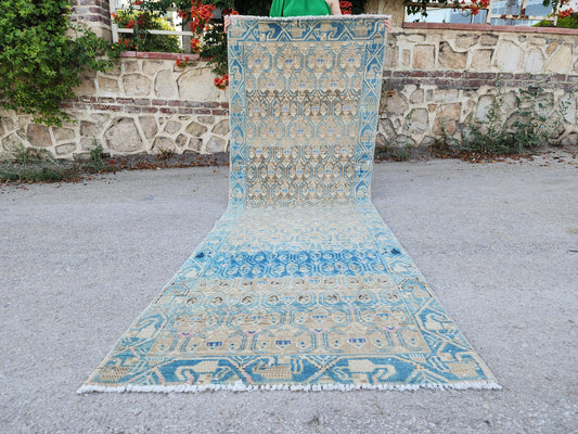 Vintage Runner Rug 3x10, Up Cycled Blue Color Wool, Hand Knotted Rustic Decor, Kitchen Decor