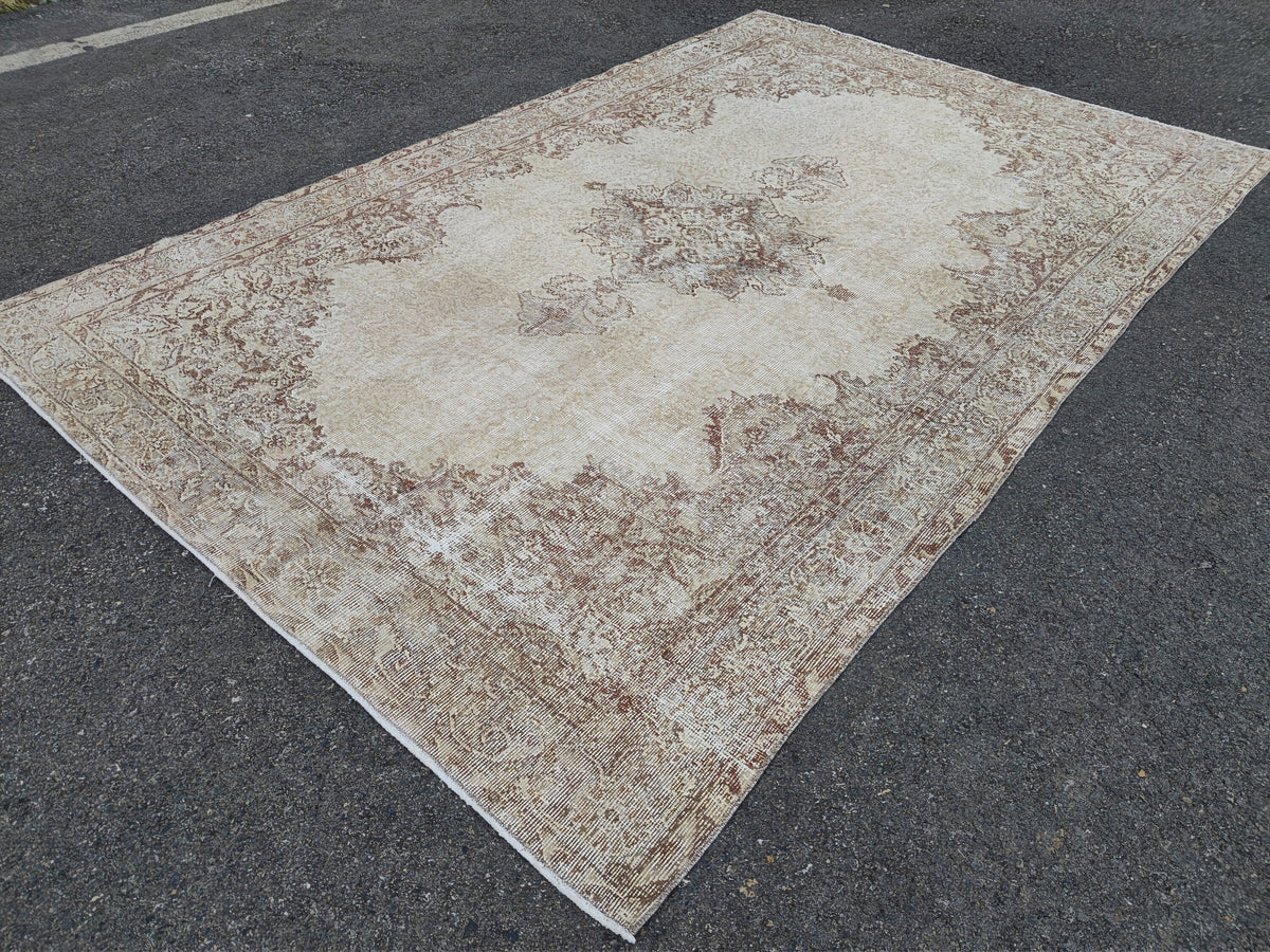 Medallion Area Rug 6x10, Bohemian Rustic Decor, Turkish Hand Knotted Carpet, Beige and Brown
