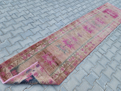 Hand Woven Wool Runner Rug 2x11: Vintage Turkish Herki Rug