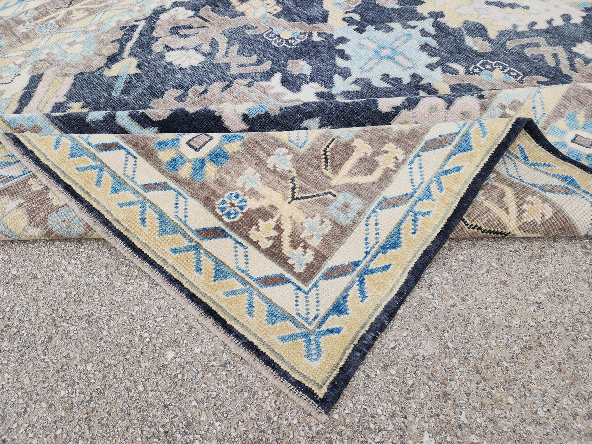 8x11 Navy Blue Oushak Rug: Handwoven Turkish Wool Medallion design, Patina Blue Home Decor