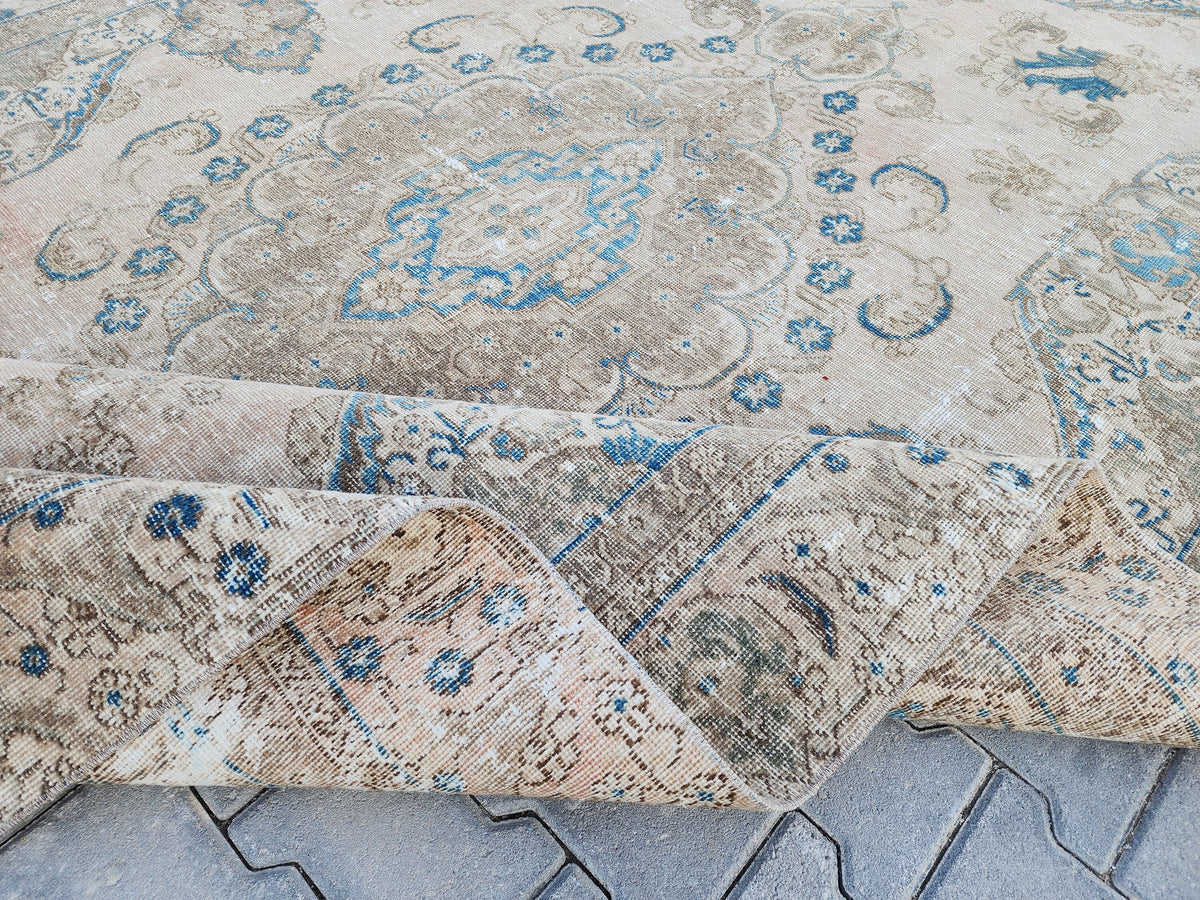 6x10 Turkish Area Rug, Beige and Blue Color, Dining Room Wool Hand Knotted Decor