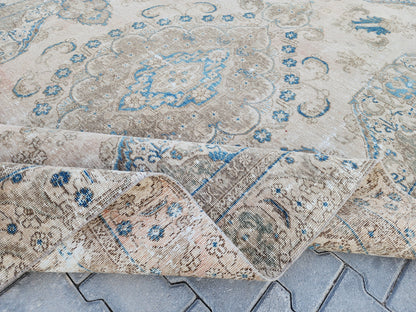 6x10 Turkish Area Rug, Beige and Blue Color, Dining Room Wool Hand Knotted Decor