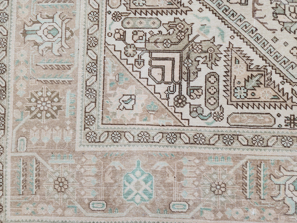 Vintage Neutral Rug 9x12, Up Cycled Wool, Hand Knotted Geometric Design, Brown and Beige