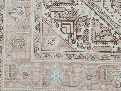 Vintage Neutral Rug 9x12, Up Cycled Wool, Hand Knotted Geometric Design, Brown and Beige