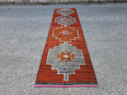 3x12 Oriental Herki Runner: Vintage Handwoven Wool in Burnt Orange & Brown with Geometric Motifs