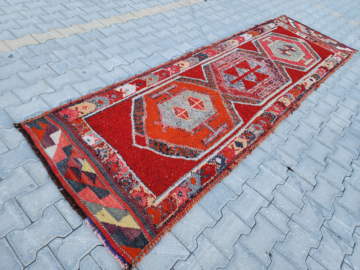 Vintage Herki Wool Runner Rug 3x11: Bohemian Hallway Rug