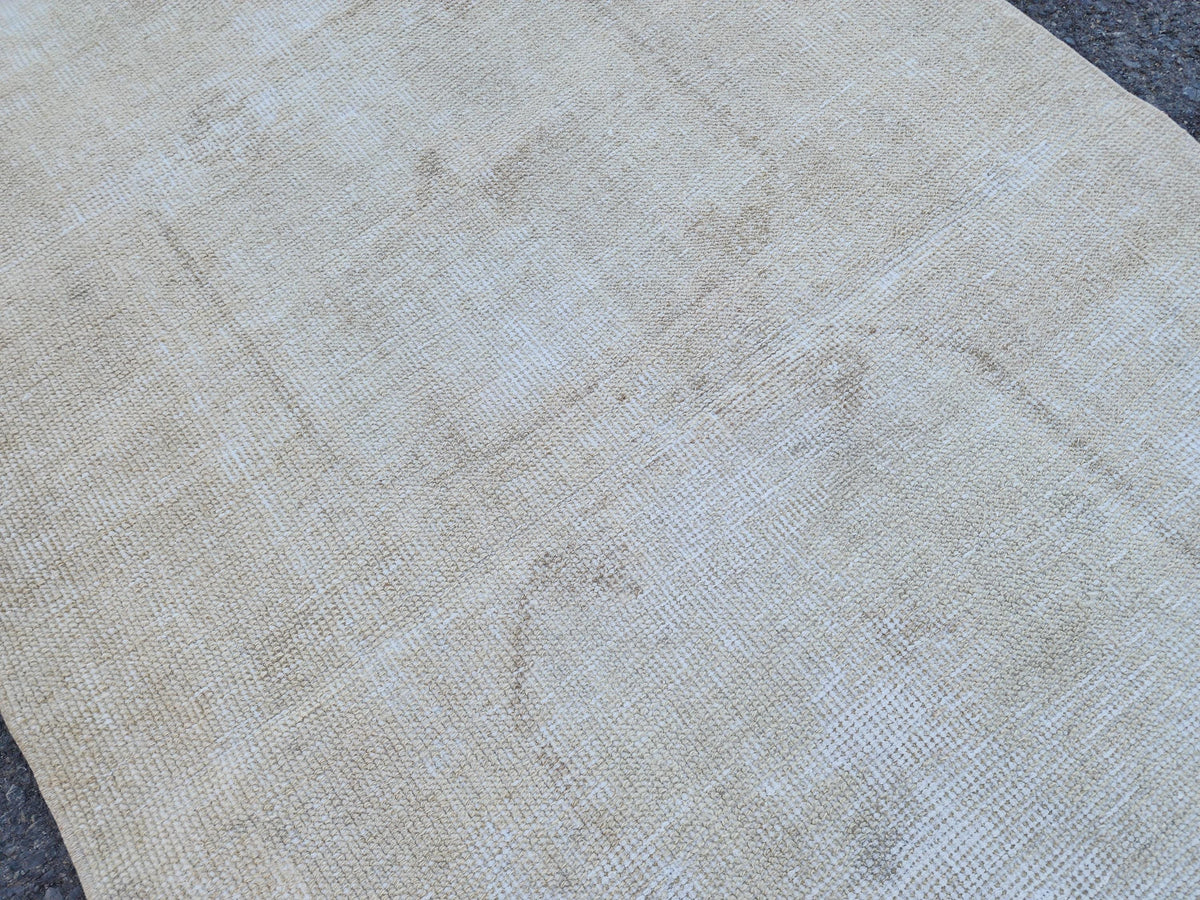 Muted Turkish Runner Rug 3x11, Farmhouse Decor, Neutral Hand Knotted Beige and White