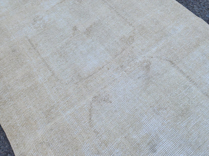 Muted Turkish Runner Rug 3x11, Farmhouse Decor, Neutral Hand Knotted Beige and White