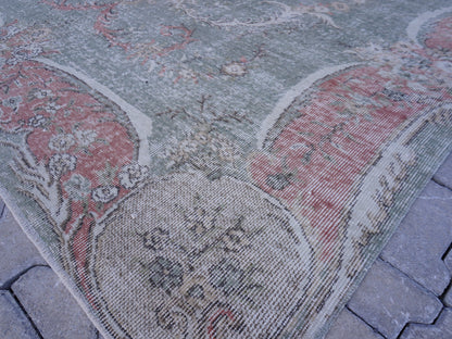 7x10 Handwoven Turkish Rug: Green Wool & Cotton Blend, Home Bohemian Decor
