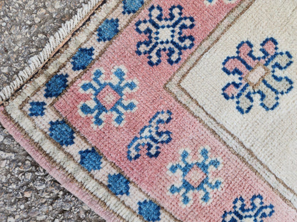3x5 Anatolian Rug, Bohemian Turkish Hand Made Wool Carpet, Beige and Blue Color