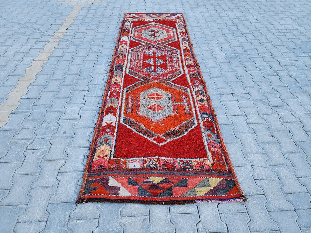 Vintage Herki Wool Runner Rug 3x11: Bohemian Hallway Rug