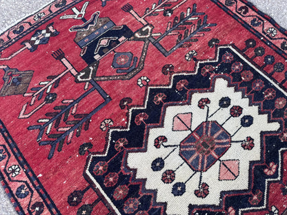 3x9 Vintage Wool Runner Rug: Hand Made, Persian Geometric Design, Medallion Pattern