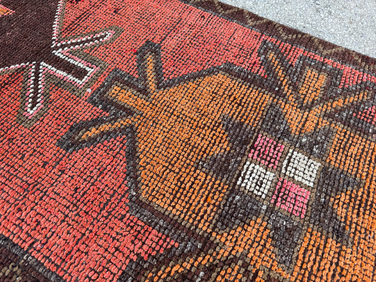 3x9 Geometric Herki Runner: Handwoven Wool in Red and Brown Tribal Design