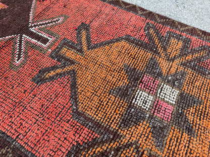3x9 Geometric Herki Runner: Handwoven Wool in Red and Brown Tribal Design