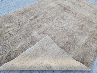 9×12 Vintage Wool Rug, Hand Knotted, Neutral Beige Oriental Persian Traditional Carpet