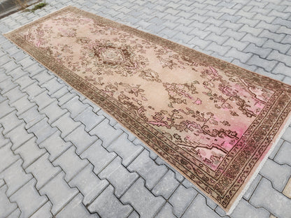 4x10 Wool Runner Rug: Vintage Hand Knotted Beige, Pink, and Brown Floral Design