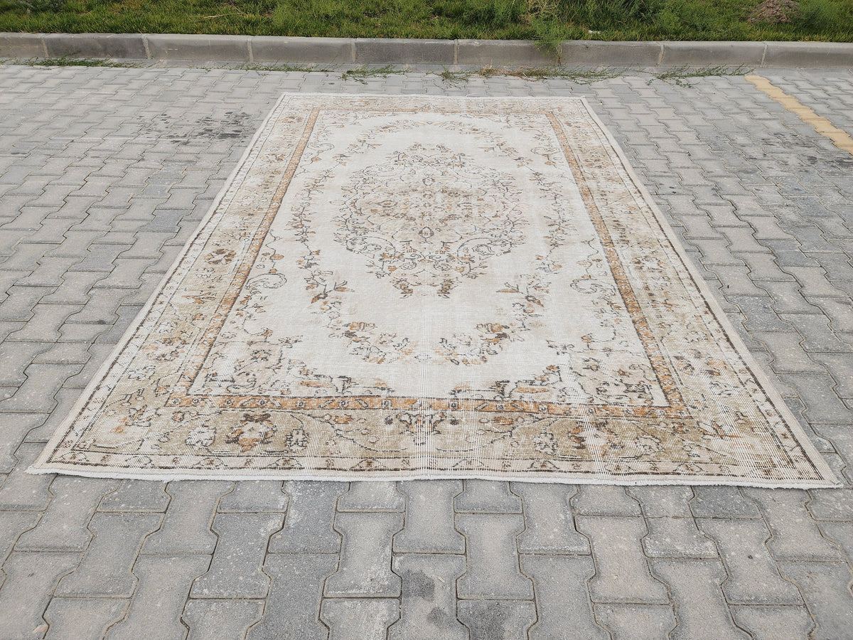 Turkish Rug 6x9, Neutral Medallion Hand Made, Living Room Area Decor