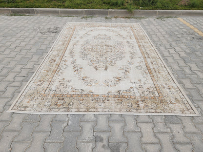 Turkish Rug 6x9, Neutral Medallion Hand Made, Living Room Area Decor