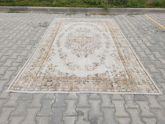 Turkish Rug 6x9, Neutral Medallion Hand Made, Living Room Area Decor