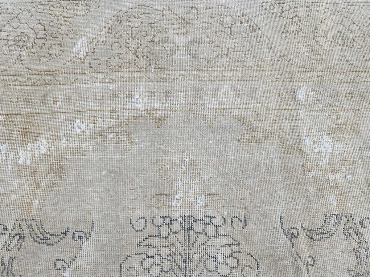 Vintage Oriental Rug 9x12: Beige And Brown Wool, Medallion Persian Border Design, Hand Knotted