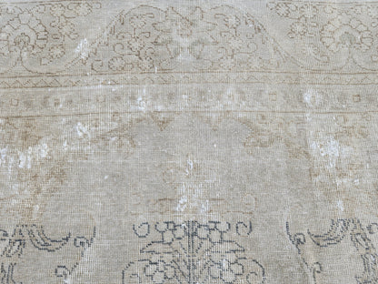 Vintage Oriental Rug 9x12: Beige And Brown Wool, Medallion Persian Border Design, Hand Knotted