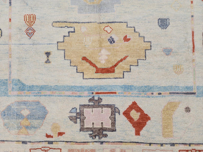 6x9 Oushak Rug: Light Beige Pastel Turkish Wool, Handwoven Boho Rug