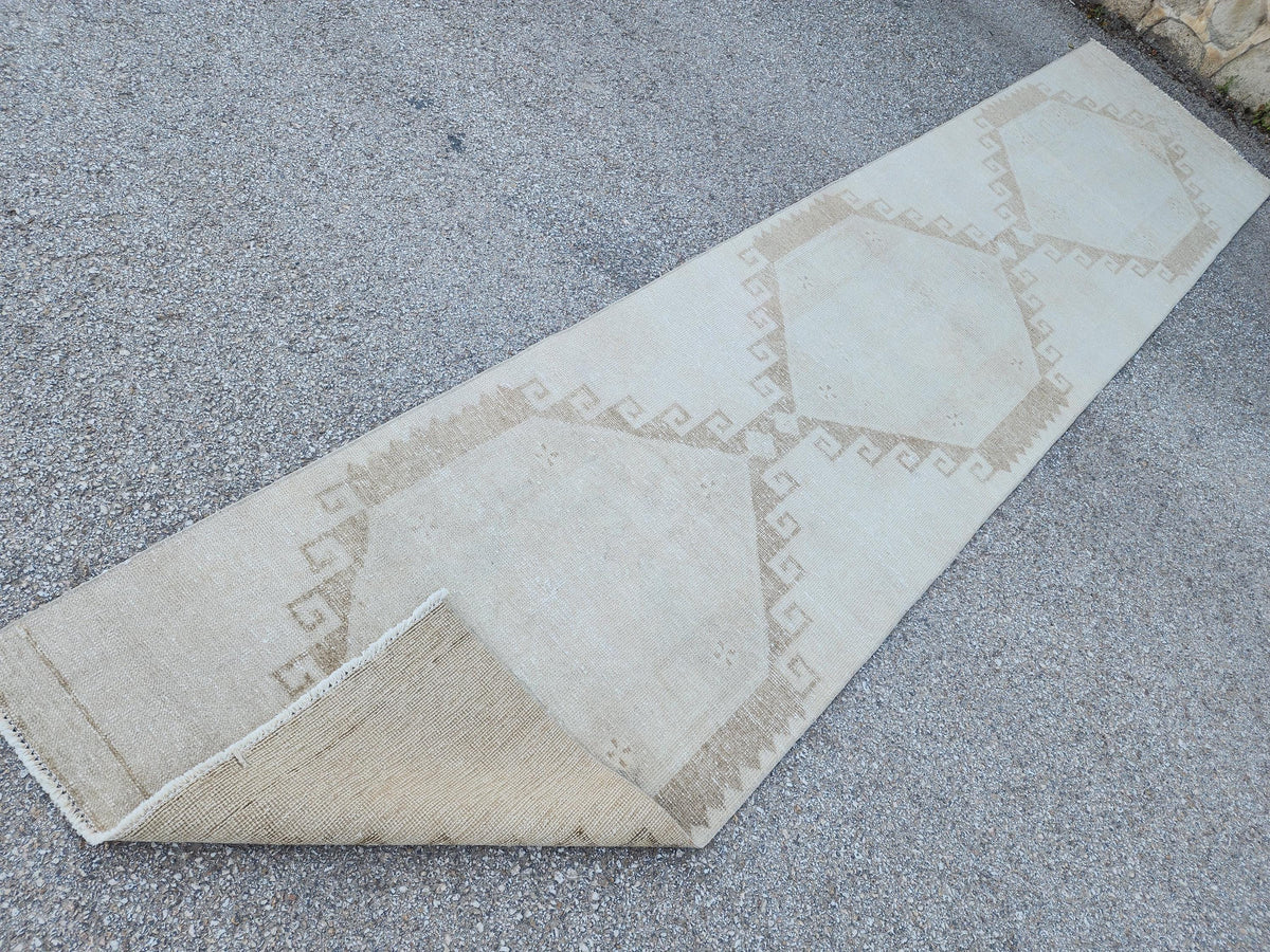 3x14 Neutral Hand-Knotted Turkish Runner Rug, Wool Hallway & Entryway Rug, Rustic Decor