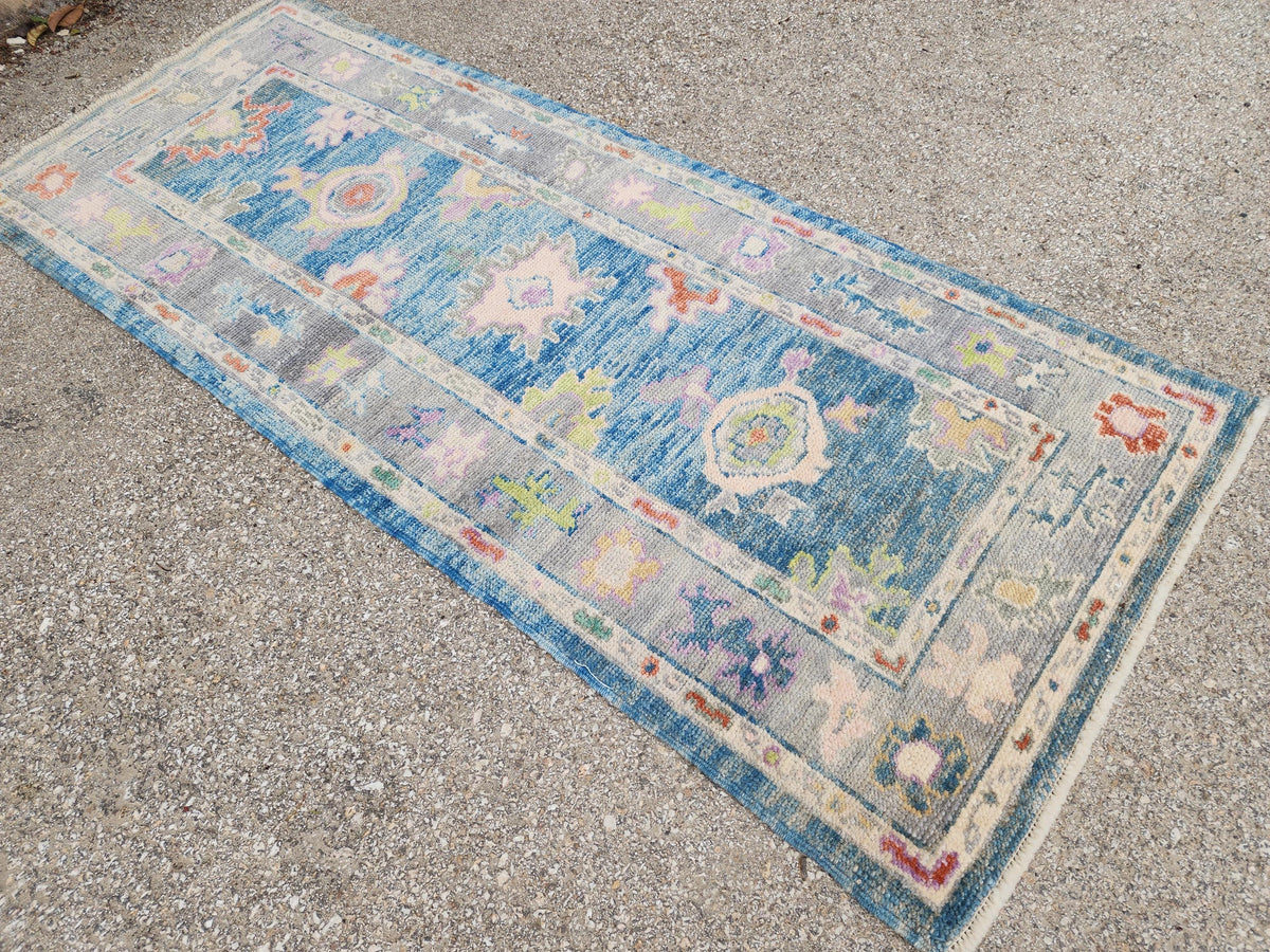 3x6 Handwoven Wool Oushak Runner Rug: Boho Patina Blue Home Textiles