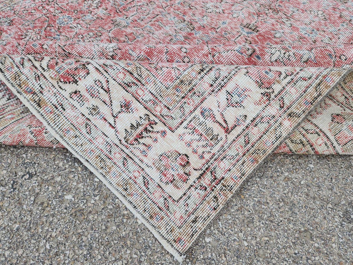 Vintage Oushak Rug 7x10: Handwoven Turkish Wool, Faded Red Farmhouse Style