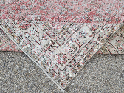 Vintage Oushak Rug 7x10: Handwoven Turkish Wool, Faded Red Farmhouse Style