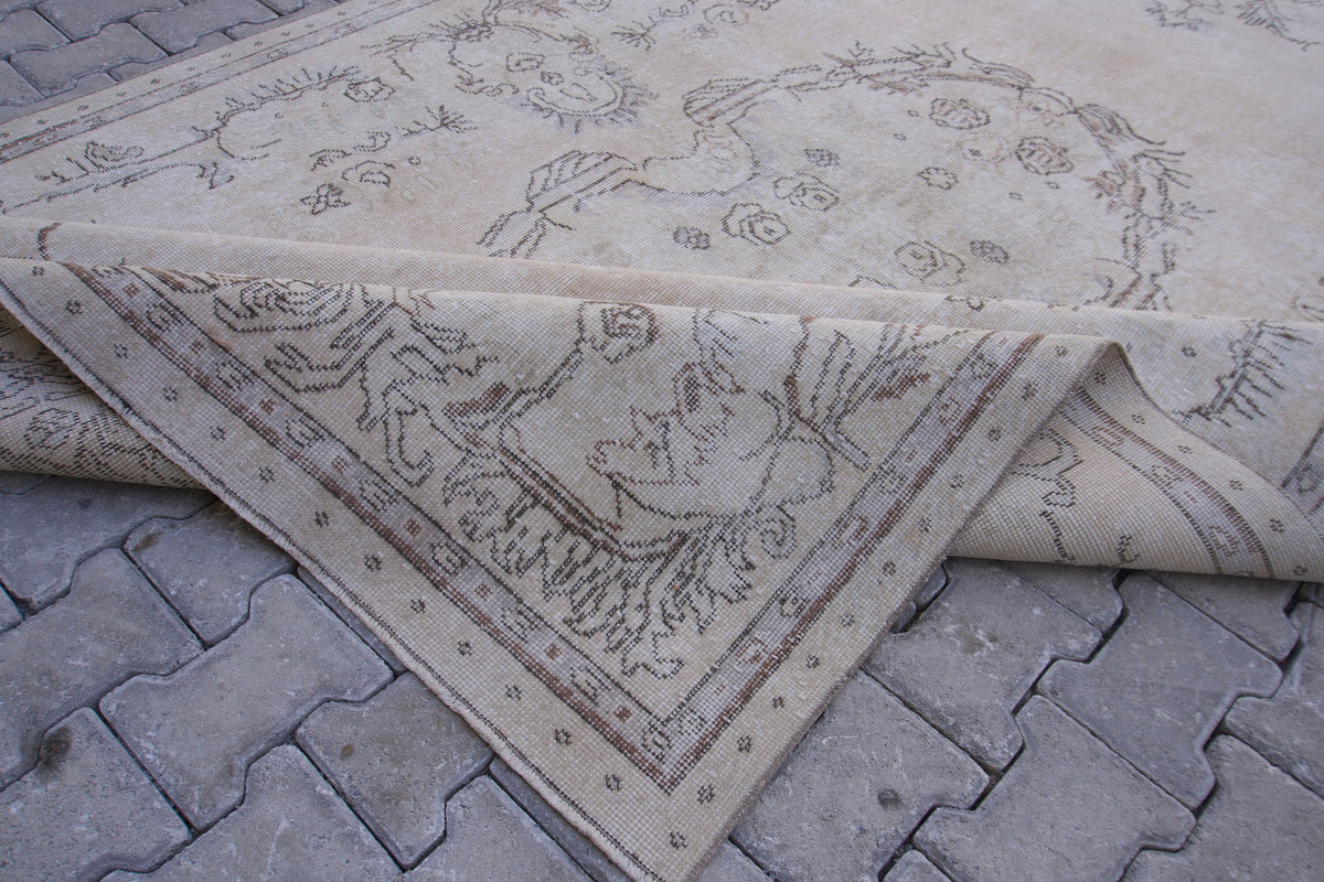 Handwoven Neutral Rug 7x11: Beige & Gray Wool, Oriental Design, Home Decor