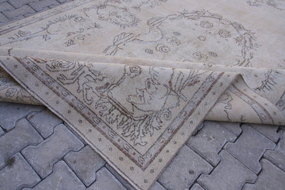 Handwoven Neutral Rug 7x11: Beige & Gray Wool, Oriental Design, Home Decor