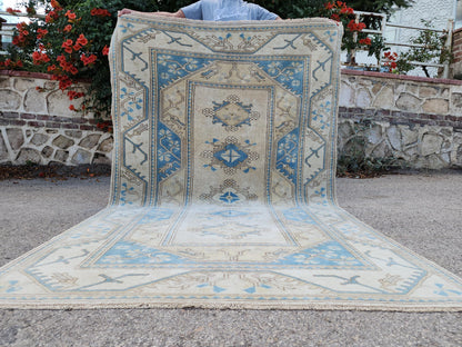 5x8 Neutral Soft Blue Rug, Turkish Hand Made Beige Carpet, Dining Room Boho Decor