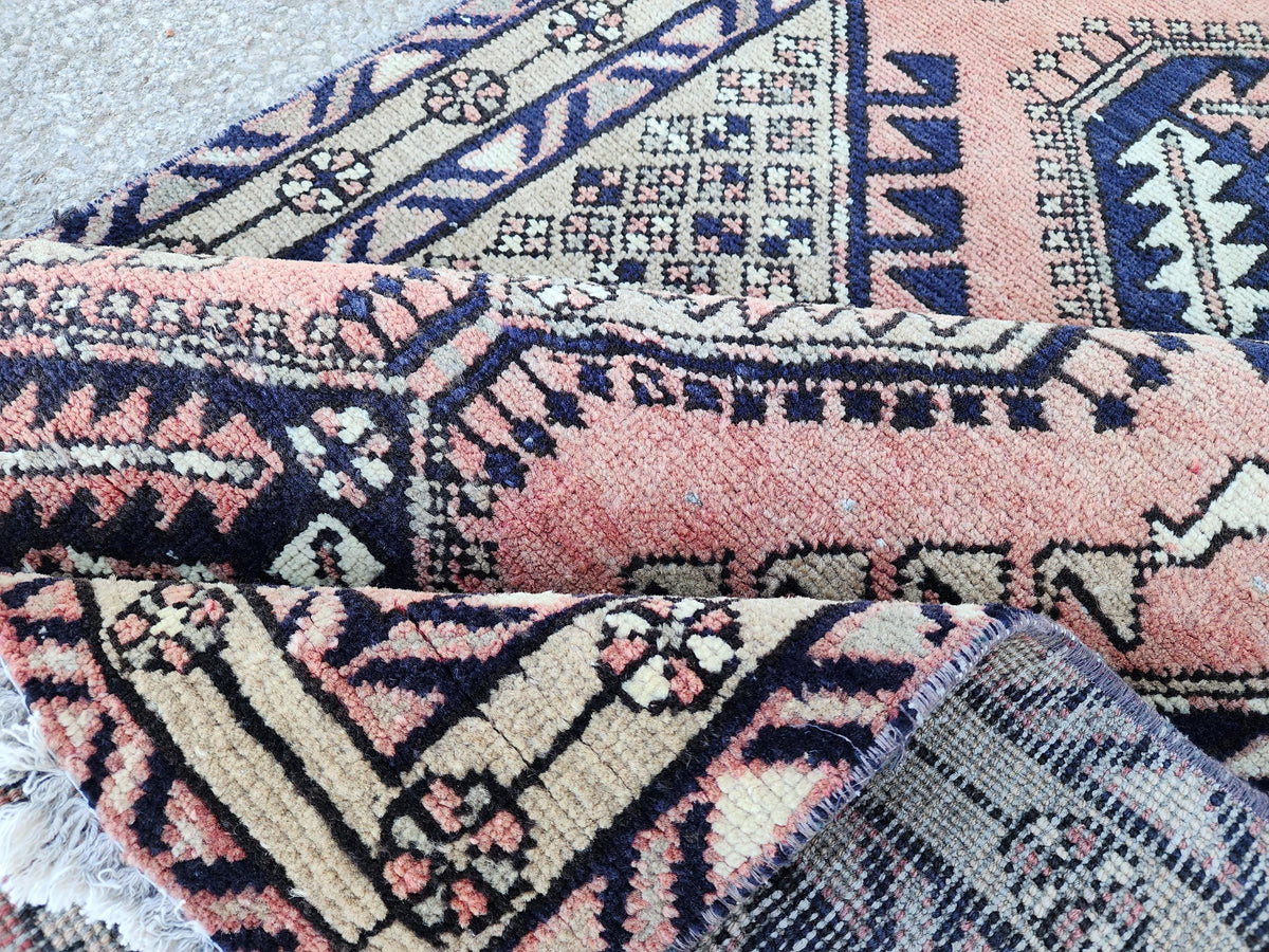 3x10 Hand Made Runner Rug: Persian Medallion Design Rug, Faded Red and Blue Border