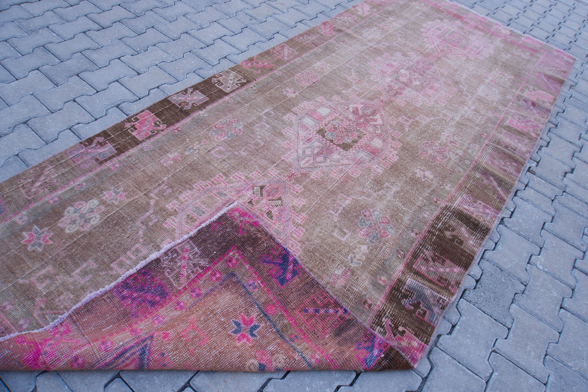 Vintage Kars Rug 4.6x10.6: Brown & Pink Hand-Knotted Turkish Wool Rug