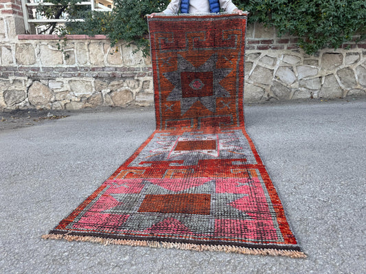 3x9 Vintage Herki Wool Runner Rug, Handknotted Hallway Rug, Neutral Earth Tone Home Decor
