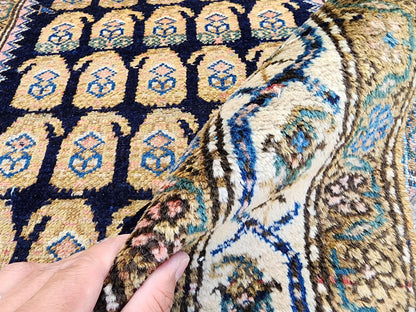 Antique Caucasian Runner Rug 3x17 ft | 100-Year-Old Hand-Knotted Wool Rug | Navy Blue Floral Gallery Runner