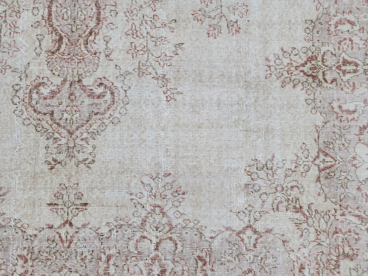 7x10 Medallion Oushak Rug: Turkish Hand Knotted, Farmhouse Beige and Faded Red Rug