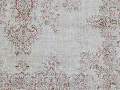 7x10 Medallion Oushak Rug: Turkish Hand Knotted, Farmhouse Beige and Faded Red Rug