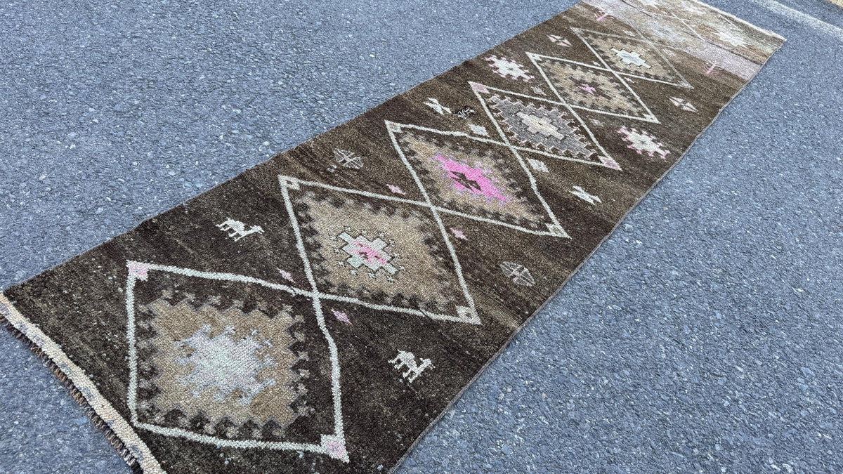 2x11 Wool Runner Rug, Hand Knotted Rustic Decor, Oriental Up Cycled Wool