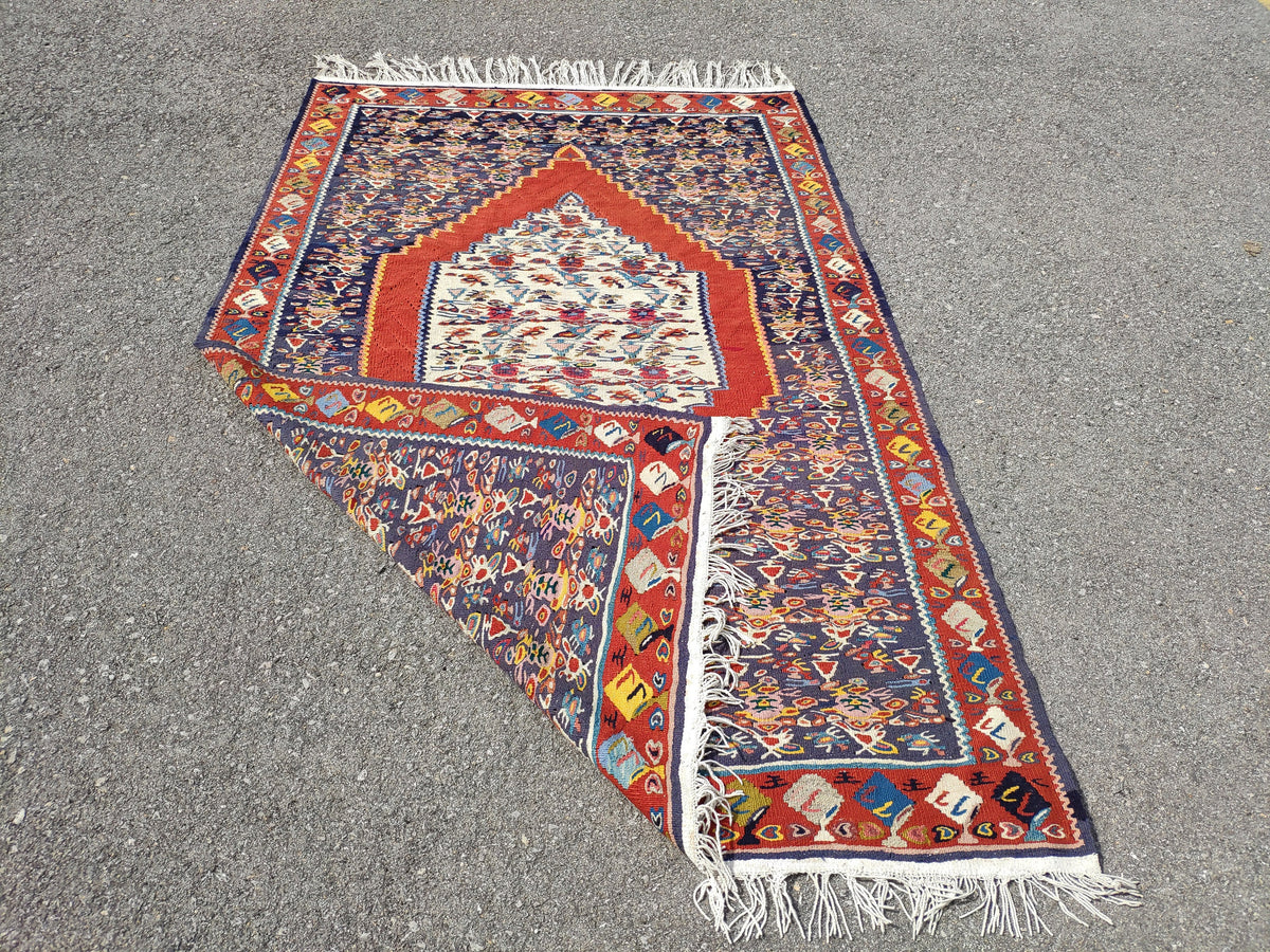 Antique Kilim Rug 4x6: Navy Blue Medallion, Oriental Style