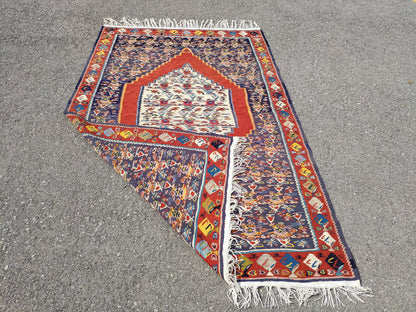 Antique Kilim Rug 4x6: Navy Blue Medallion, Oriental Style