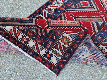 Vintage Hand Woven Rug 3x10: Red and Navy Blue, Persian Geometric Design