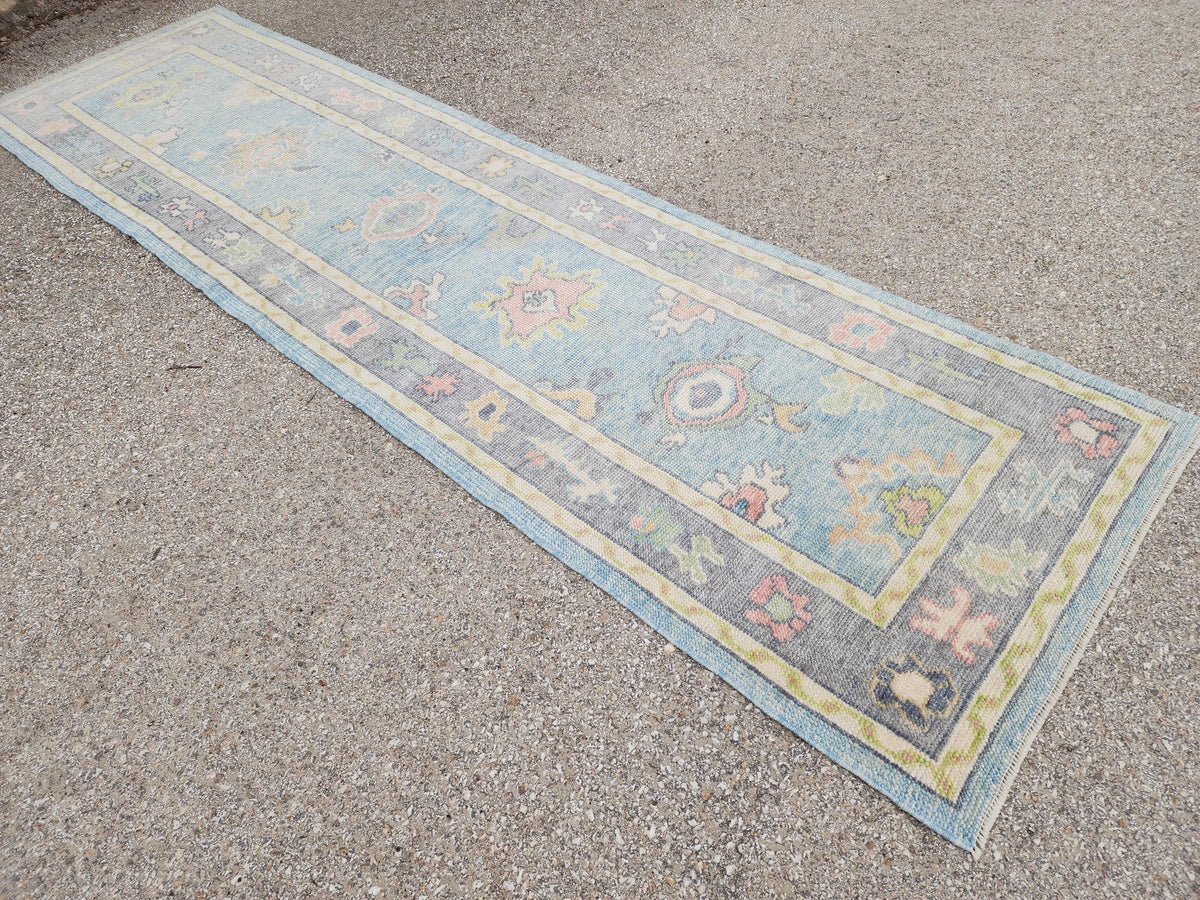 3x10 Handwoven Oushak Wool Runner Rug: Pastel Blue Floral Hallway Rug, Home Rustic Decor